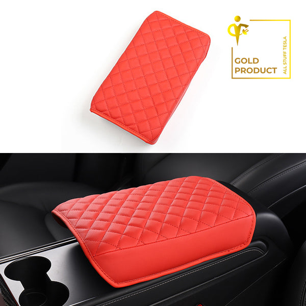 Red Faux Leather Armrest Box Protective Cover For Model 3 and Model Y