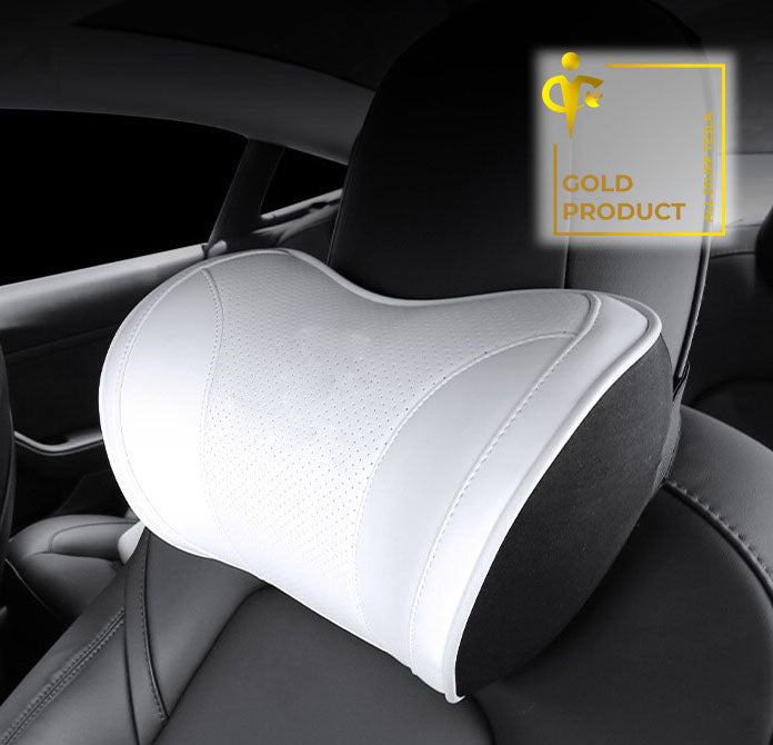 White Leather Neck Support Pillow With Logo For All Tesla Models