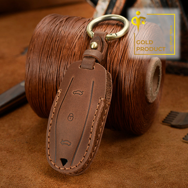 Brown Leather Protective Car Key Cover For All Tesla Models