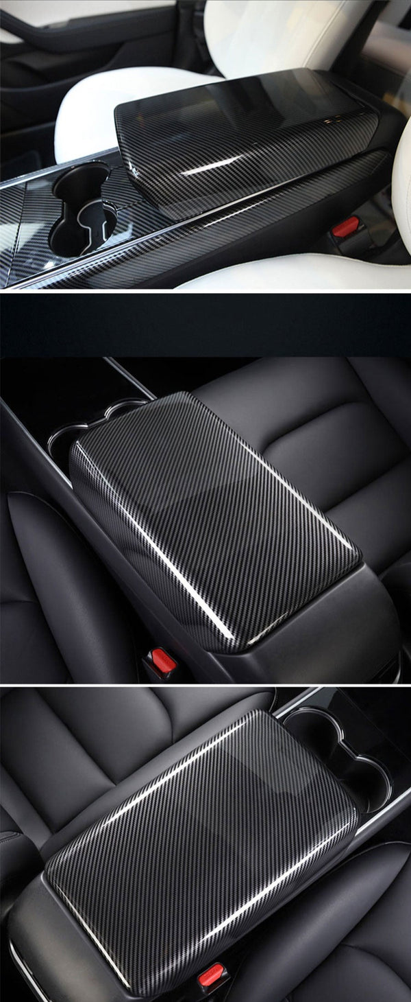 Dark Carbon Fiber Pattern ABS Armrest Box Protective Cover For Model 3 and Model Y