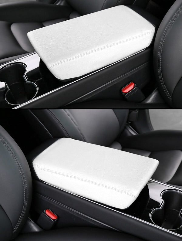 White Leather Armrest Box Protective Cover For Model 3 and Model Y