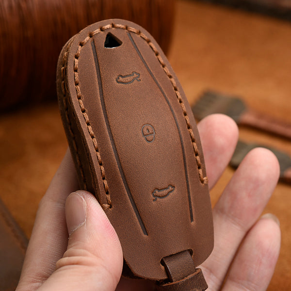 Brown Leather Protective Car Key Cover For All Tesla Models