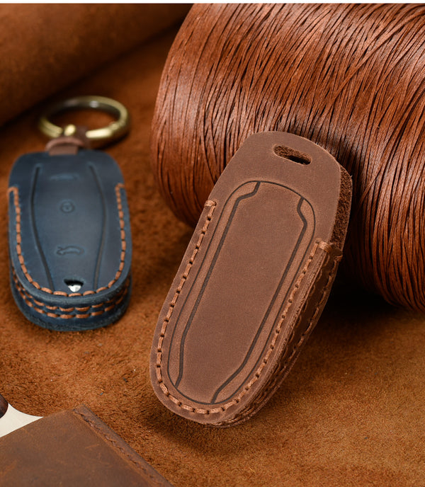 Brown Leather Protective Car Key Cover For All Tesla Models