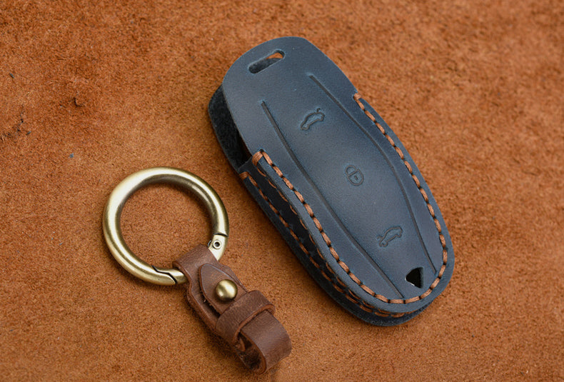 Blue Leather Protective Car Key Cover For All Tesla Models