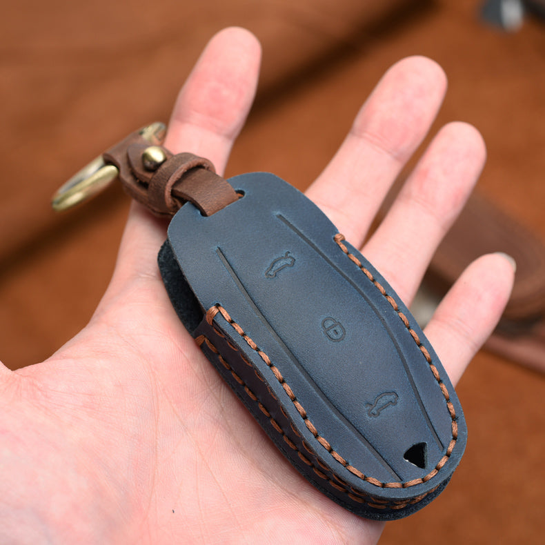 Blue Leather Protective Car Key Cover For All Tesla Models