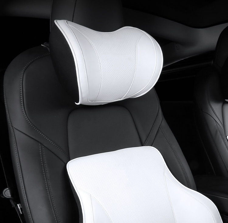 White Leather Neck Support Pillow With Logo For All Tesla Models