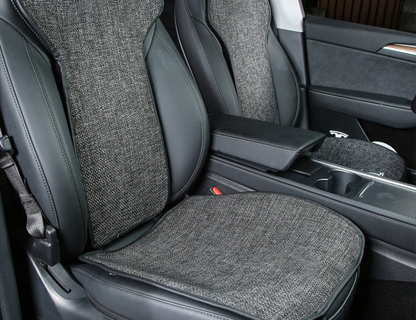 Gray Linen Front and Rear Car Seat Cushion Covers For Model Y