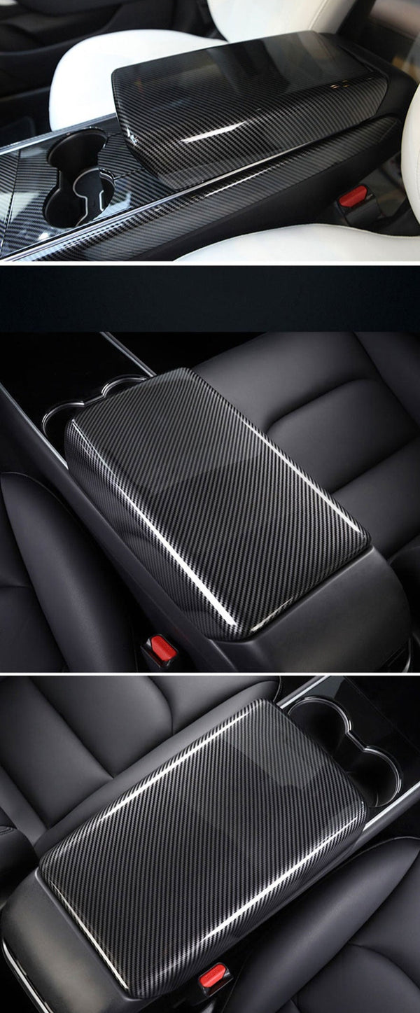 Matte Dark Carbon Fiber Pattern ABS Armrest Box Protective Cover For Model 3 and Model Y