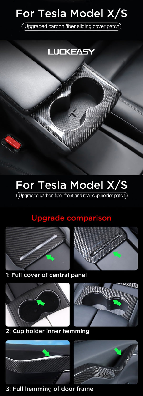 Bright Carbon Real Carbon Fiber Front And Rear Cup Holder Decorative Trim For Model X and Model S
